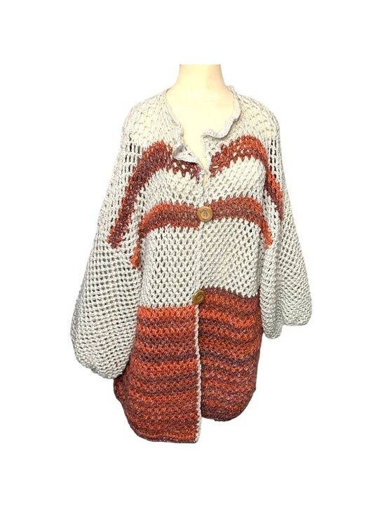 Hand Crafted Sweaters - Handmade Chunky Heavy Knit Cardigan Sweater Beige Rust Brown Boho Slouchy O/S
